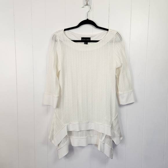 Frank Lyman Off White Textured Tunic Top 3/4 Sleeves Stretchy Dressy Size 12 - Picture 1 of 9
